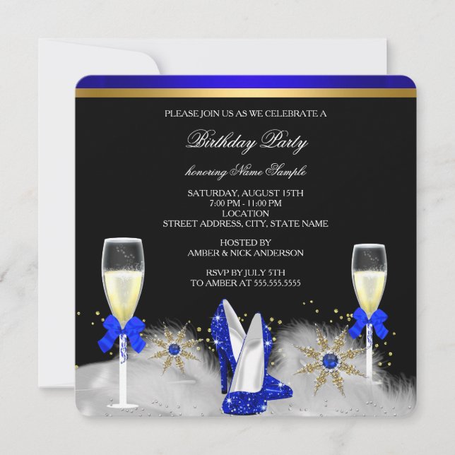 Invitación Purpurina Gold Royal Blue Heels Black Champagne (Anverso)