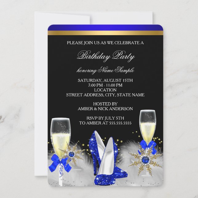 Invitación Purpurina Gold Royal Blue Heels Black Champagne (Anverso)