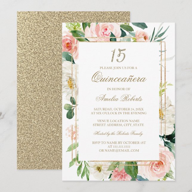 Invitación Purpurina Gold Rubor Floral Quinceanera (Anverso / Reverso)