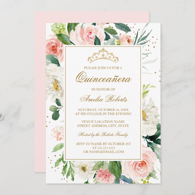 Invitación Purpurina Gold Rubor Floral Quinceanera Cumpleaños (Anverso / Reverso)