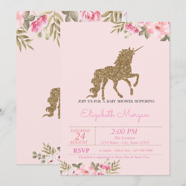 Invitación Purpurina Gold Unicorn Floral Baby Shower (Anverso / Reverso)