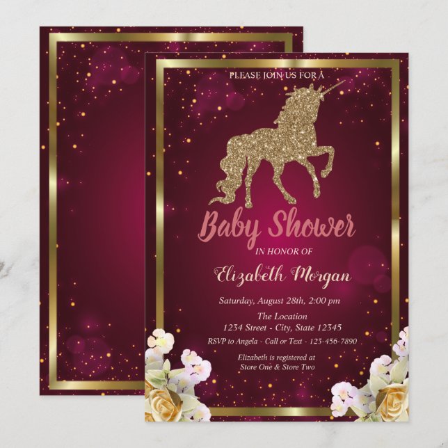 Invitación Purpurina Gold Unicorn Floral Burgundy Baby Shower (Anverso / Reverso)