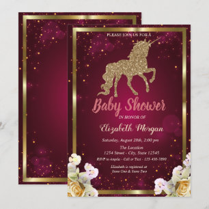 Invitación Purpurina Gold Unicorn Floral Burgundy Baby Shower