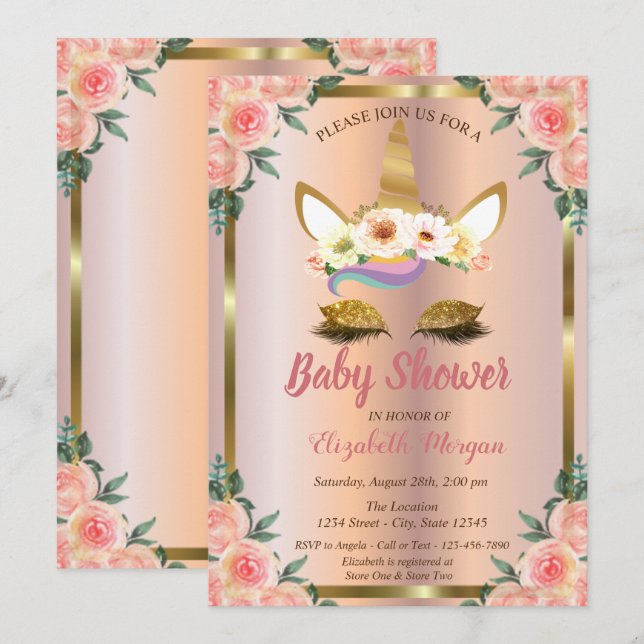 Invitación Purpurina Gold Unicorn Rosa Floral Gold Baby Showe (Anverso / Reverso)