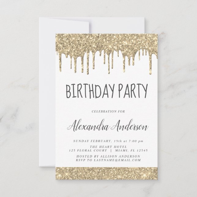 Invitación Purpurina Gold White Sparkle Cualquier Cumpleaños  (Anverso)