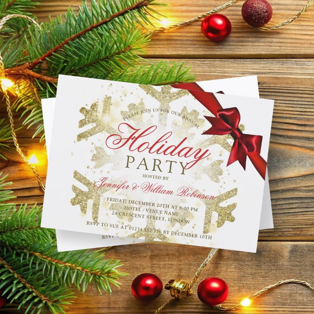Invitación Purpurina Gold y cinta de opciones | Fiesta navide (Gold Glitter & Ribbon | Xmas Holiday Party Invitation)