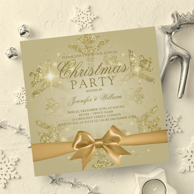 Invitación Purpurina Gold y cinta de opciones | Fiesta navide (Gold Glitter & Ribbon | Xmas Holiday Party Invitation)