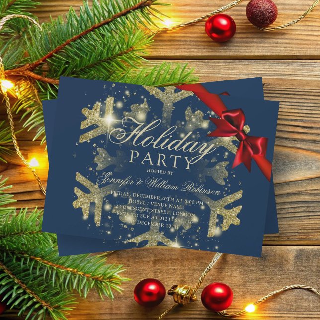 Invitación Purpurina Gold y cinta de opciones | Marina navide (Gold Glitter & Ribbon | Xmas Holiday Navy Invitation)