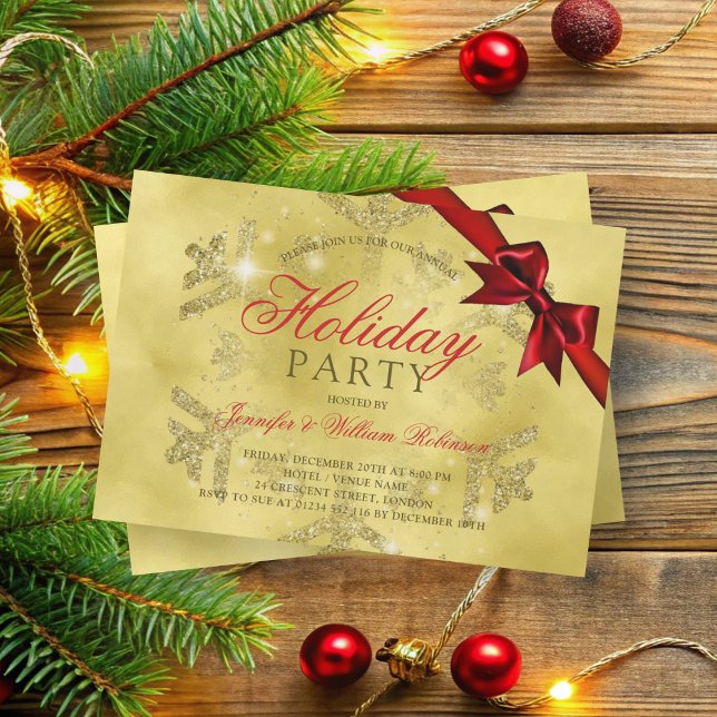 Invitación Purpurina Gold y cinta de opciones | Rojo navideño (Gold Glitter & Ribbon | Xmas Holiday Red Invitation)