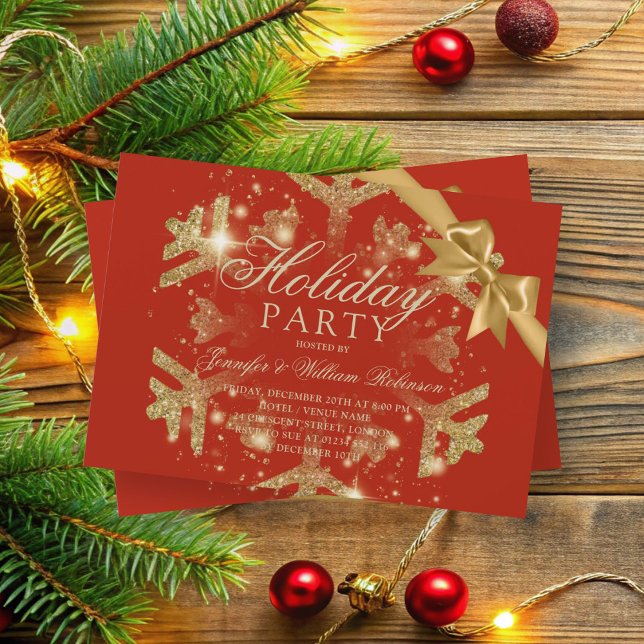 Invitación Purpurina Gold y cinta de opciones | Rojo navideño (Gold Glitter & Ribbon | Xmas Holiday Red Invitation)