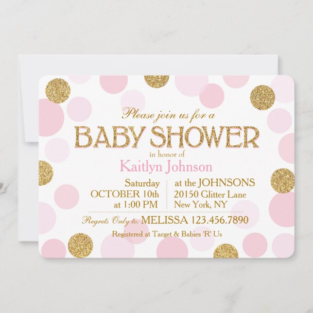 Invitación Purpurina Gold y puntos rosados dispersos Baby Sho (Anverso)