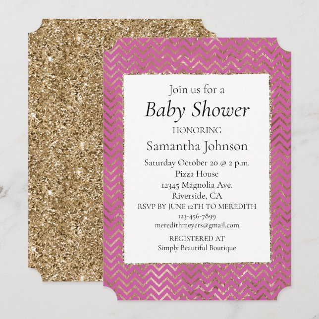 Invitación Purpurina Gold Zigzag Baby Shower (Anverso / Reverso)