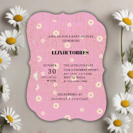 Invitación Purpurina Golden Daisy Rosa Glow Baby Shower