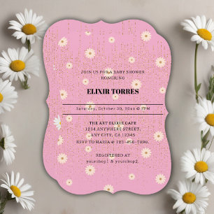 Invitación Purpurina Golden Daisy Rosa Glow Baby Shower