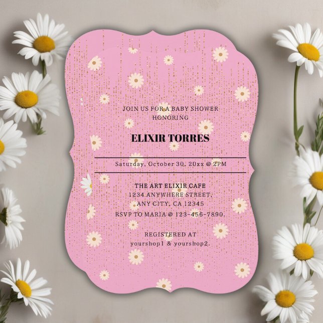 Invitación Purpurina Golden Daisy Rosa Glow Baby Shower (Subido por el creador)