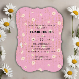 Invitación Purpurina Golden Daisy Rosa Glow Baby Shower