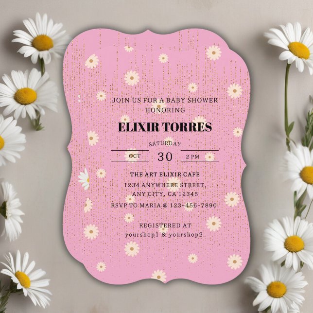 Invitación Purpurina Golden Daisy Rosa Glow Baby Shower (Subido por el creador)