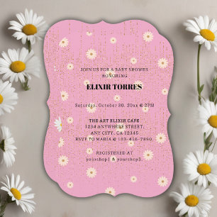 Invitación Purpurina Golden Daisy Rosa Glow Baby Shower