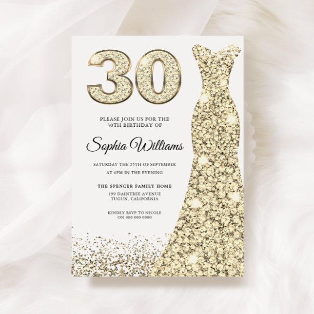Invitación Purpurina Golden Sparkle con vestido de 30 años Fi (Subido por el creador)