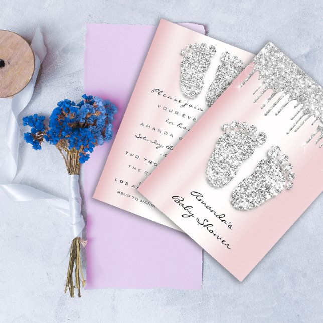 Invitación Purpurina gotea Bebé Rosa Gris Niña Pies De Ducha (Glitter Drips Pink Gray Baby Girl Shower Feet Invitation)