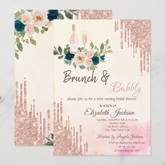 Invitación Purpurina gotea ducha Brunch & Bubbly Bridal Showe (Anverso / Reverso)