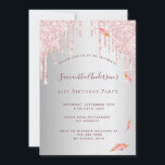 Invitación Purpurina gotea fiesta de cumpleaños rosa oro plat<br><div class="desc">Invitación a la fiesta de cumpleaños 21 (o a cualquier edad) de niñas y mujeres. Delante: Un falso metal plateado, con un fondo de Relieve metalizado. Decorada con hojas botánicas de rosa de oro y caída rosa y goteo purpurina. Personalice y agregue un nombre y detalles del fiesta. El nombre...</div>