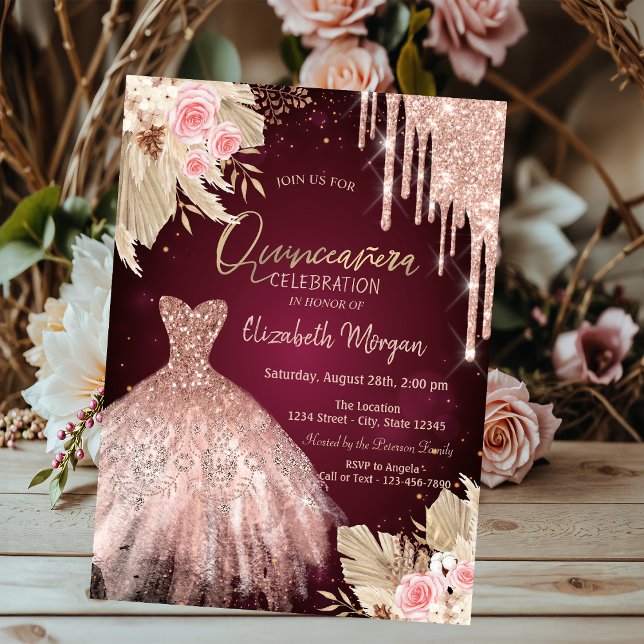 Invitación Purpurina gotea flores de vestir Borgoña Quinceañe (Subido por el creador)