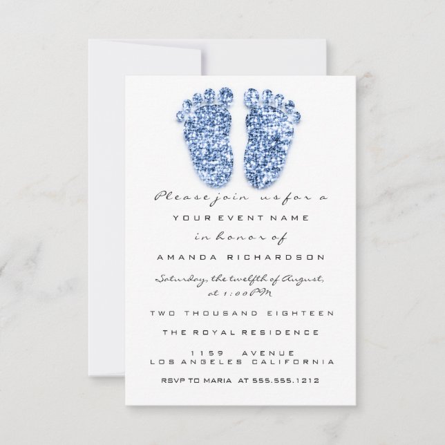 Invitación Purpurina gotea Niña Azul Pies De Ducha (Anverso)