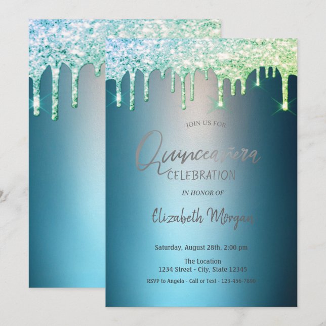 Invitación Purpurina gotea Quinceanera azul (Anverso / Reverso)
