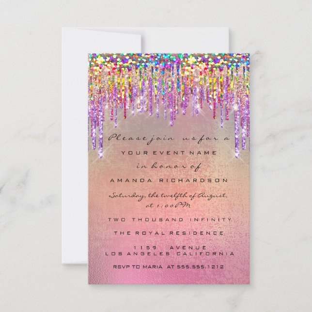Invitación Purpurina gotea Rosa novia unicornio arcoiris 16 (Anverso)