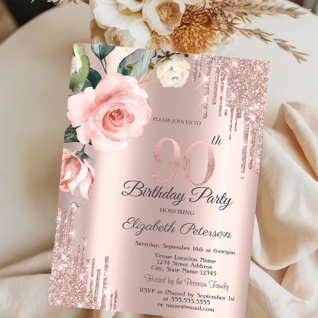 Invitación Purpurina gotea Rosas de acuarela 90 cumpleaños (Subido por el creador)