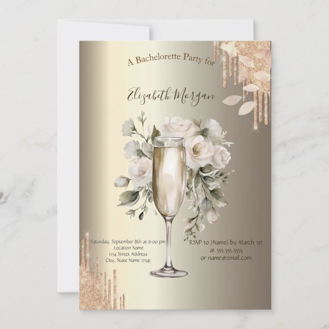 Invitación Purpurina gotea vidrio floral Champagne Bacheloret (Anverso)