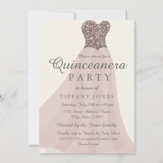 Invitación Purpurina Gown Quinceanera (Anverso)