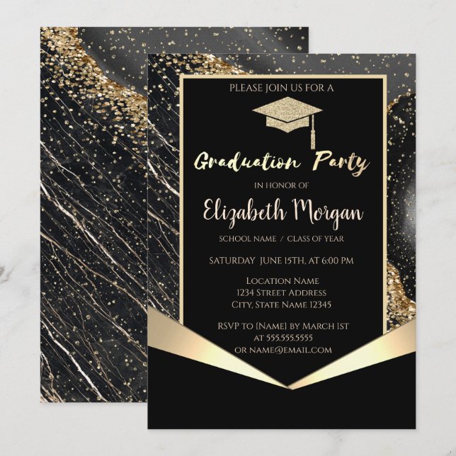 Invitación Purpurina Grad Cap, Confetti Black Marble Graduaci (Anverso / Reverso)