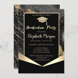 Invitación Purpurina Grad Cap, Confetti Black Marble Graduaci