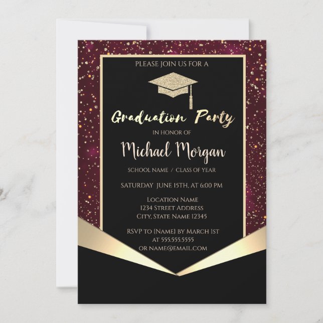 Invitación Purpurina Grad Cap, Confetti Borgoña Graduación (Anverso)
