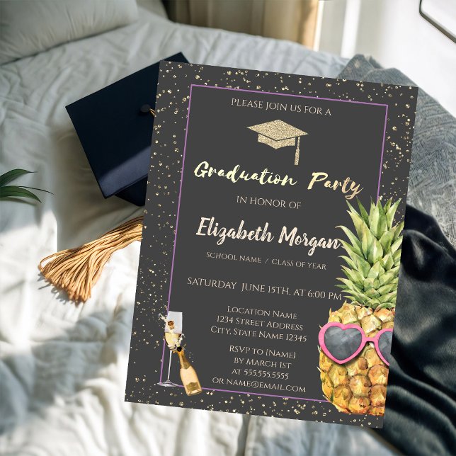 Invitación Purpurina Grad Cap, Confetti, Vino, piña Guay (Subido por el creador)