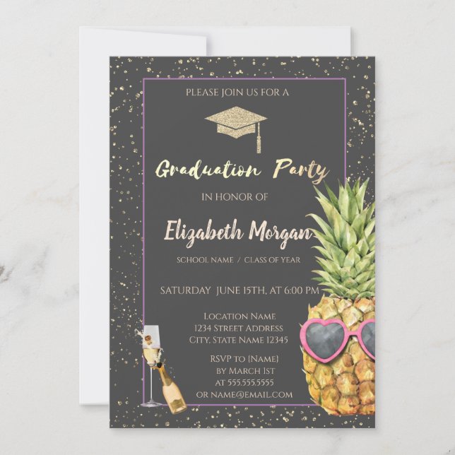 Invitación Purpurina Grad Cap, Confetti, Vino, piña Guay (Anverso)