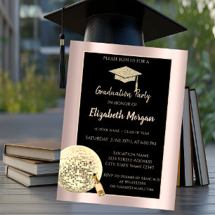Invitación Purpurina Grad Cap, Disco Ball Confetti Rosa Gold