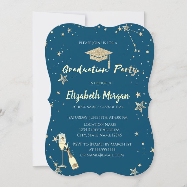 Invitación Purpurina Grad Cap Gold Stars (Anverso)