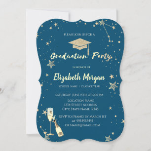 Invitación Purpurina Grad Cap Gold Stars