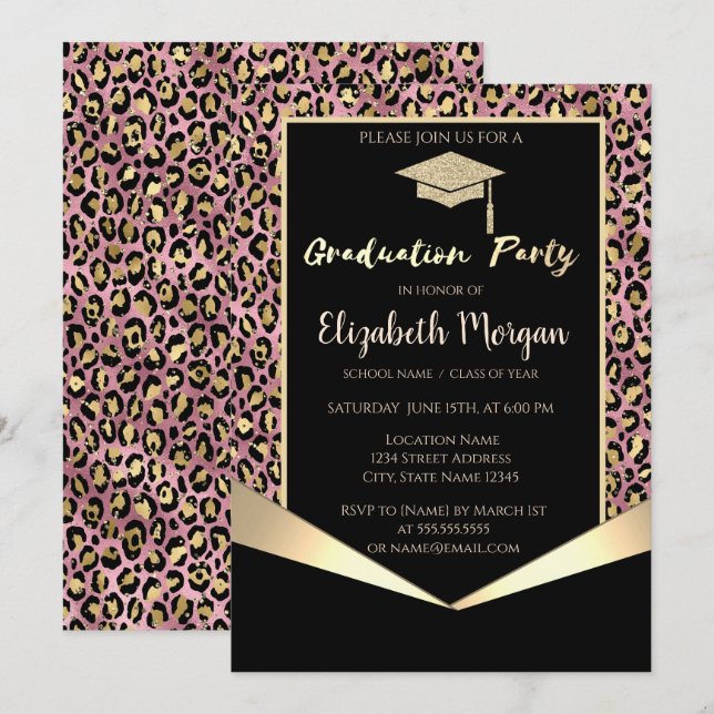 Invitación Purpurina Grad Cap,Graduación de Leopardo Confetti (Anverso / Reverso)
