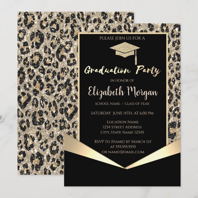 Invitación Purpurina Grad Cap,Graduación de Leopardo Purpurin (Anverso / Reverso)