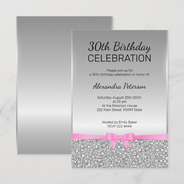 Invitación Purpurina gris 30 cumpleaños (Anverso / Reverso)