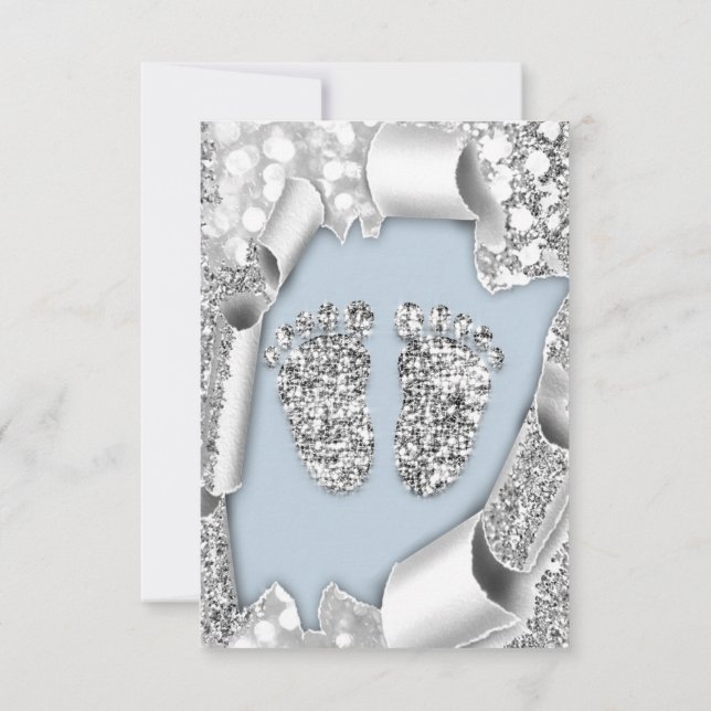 Invitación Purpurina Gris  de pies Baby Shower azul plateado (Reverso)