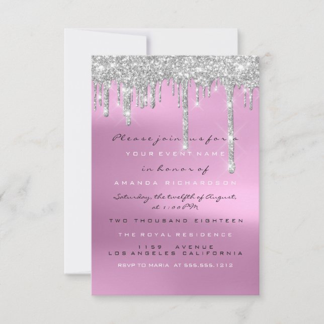 Invitación Purpurina gris gotea dulce de novia rosado platead (Anverso)