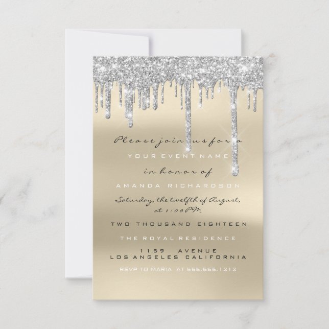 Invitación Purpurina gris gotea dulce marfil plateado dulce 1 (Anverso)