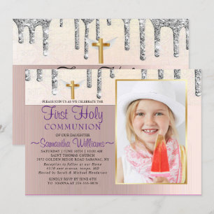 Invitación Purpurina gris gotea foto primera comunión