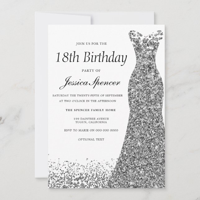 Invitación Purpurina gris plateado Mujeres 18 cumpleaños (Anverso)