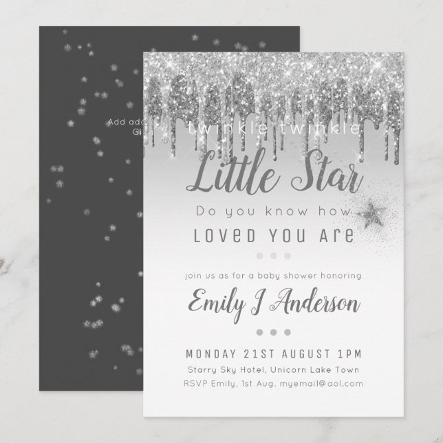 Invitación Purpurina gris plateado TWINKLE STAR Baby Shower (Anverso / Reverso)